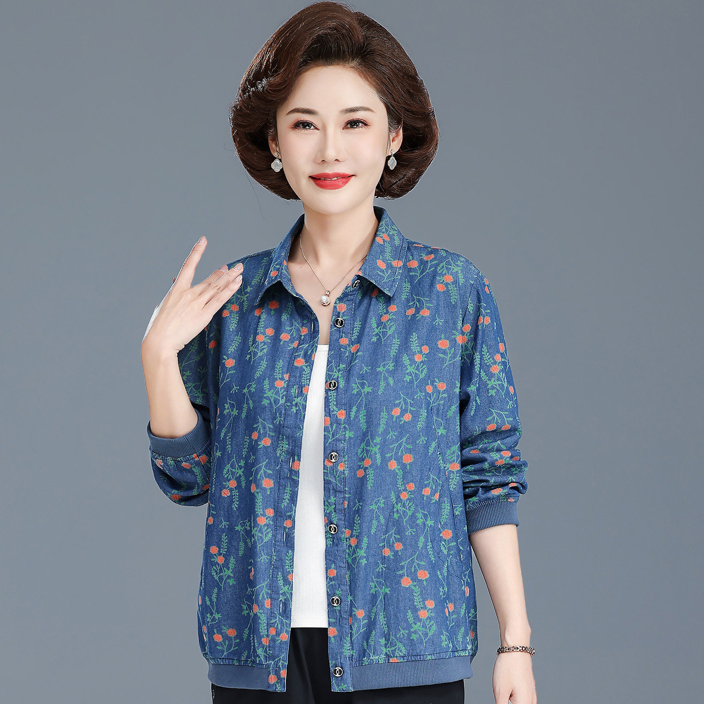 妈妈装春夏新款牛仔衬衫七分袖老图片