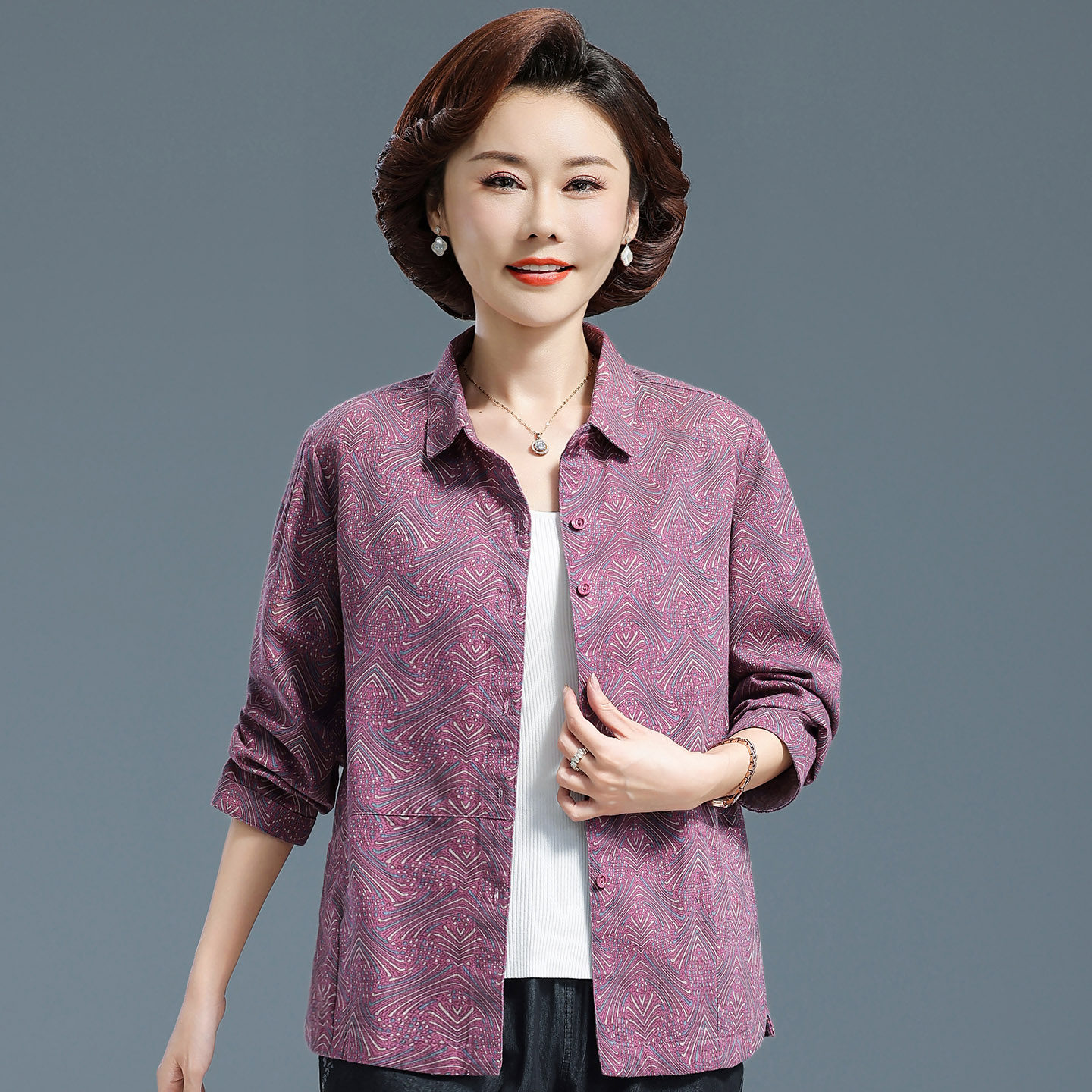 妈妈秋装纯棉宽松衬衫老年女长袖