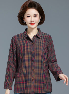 中老年妈妈春秋季纯棉格子衬衫