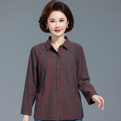 中老年妈妈春秋季纯棉格子衬衫