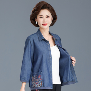 中老年新款 宽松大码 衬衣服奶奶开衫 女春夏气质薄外套纯棉牛仔衬衫
