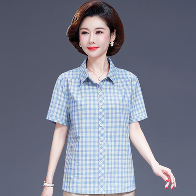 纯棉t恤50岁老年人格子短袖衬衫
