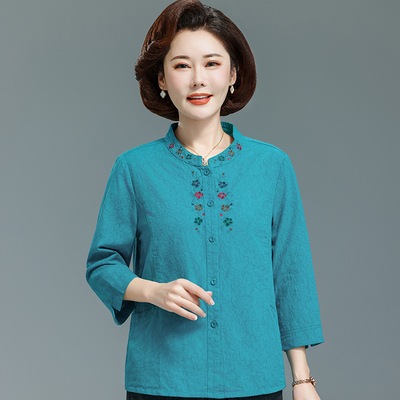 中老年衬衫女上衣妈妈圆领衬衣七分袖老人衣服休闲奶奶春夏装纯棉