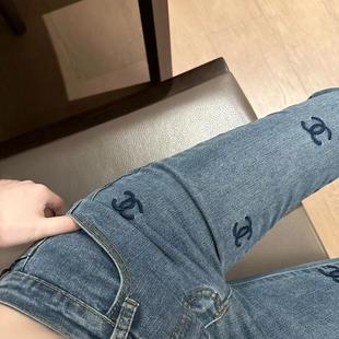毛边长裤 外单小香风刺绣小脚牛仔裤 小脚裤 女春夏薄款 高腰弹力修身