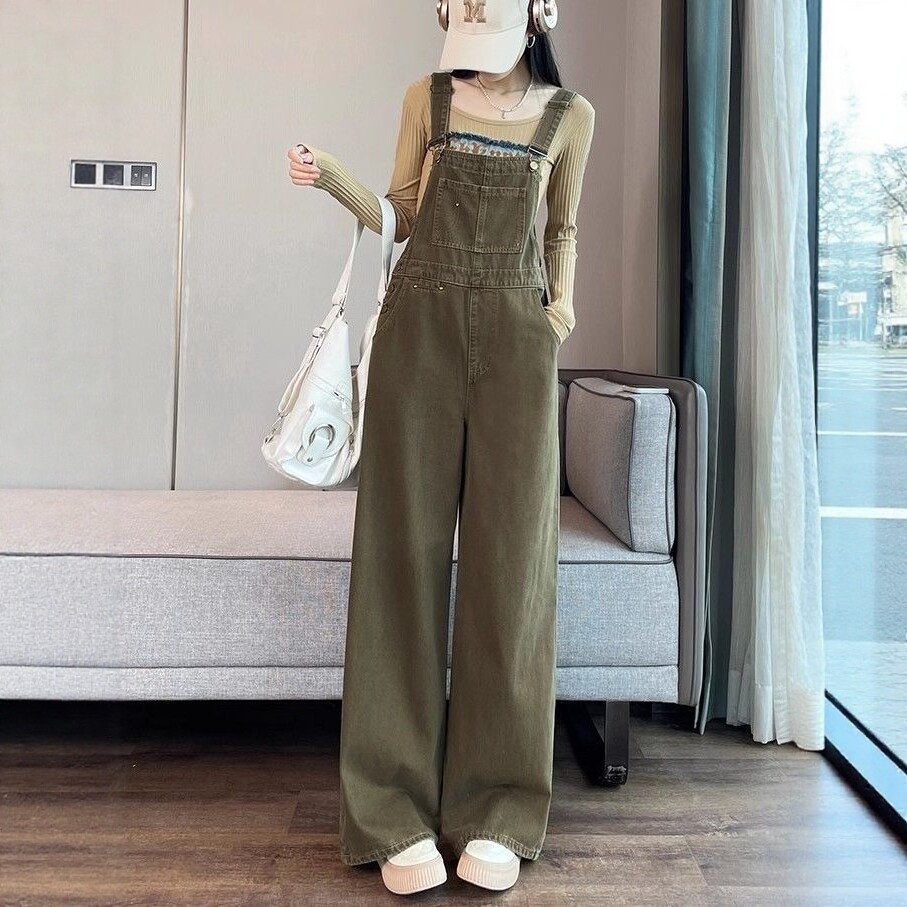 军绿色减龄牛仔背带裤女春夏新款宽松工装吊带裤复古显瘦连体长裤