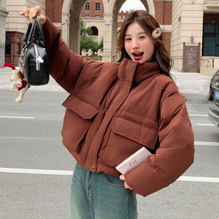 焦糖翻领显瘦新款棕色短款立领棉服女宽松落肩大贴袋加厚保暖