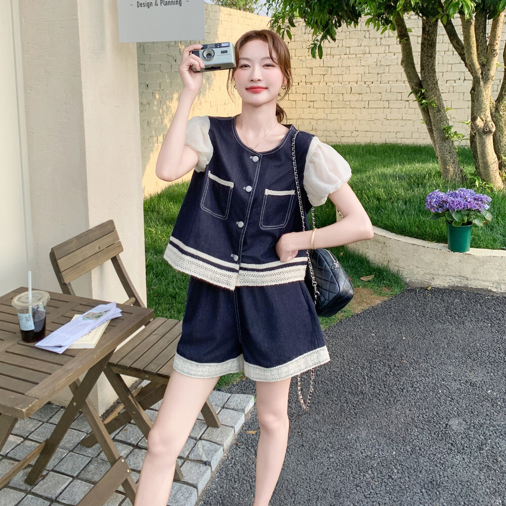 夏季ootd穿搭韩系减龄牛仔套装女蕾丝撞色短袖上衣阔腿短裤两件套