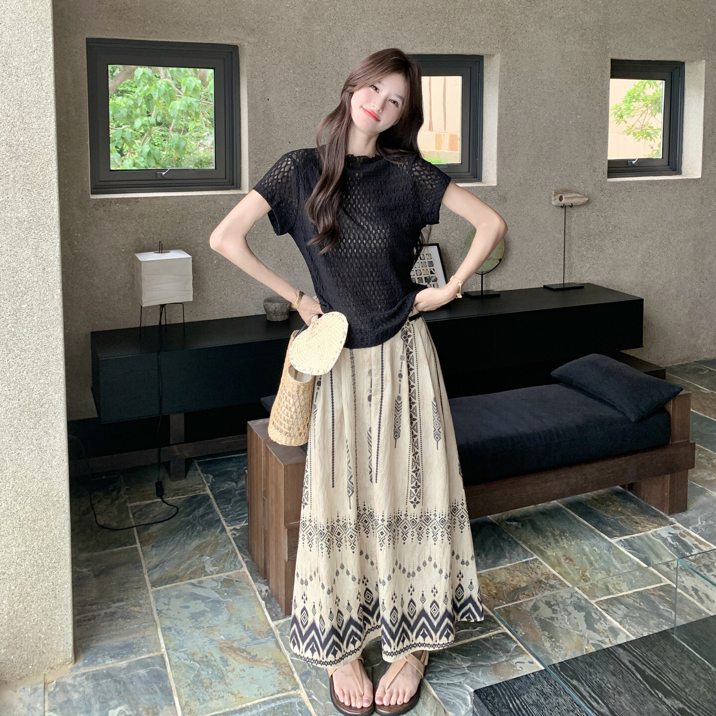 韩系复古民族风黑色镂空针织短袖几何印花长裙女夏季度假两件套装