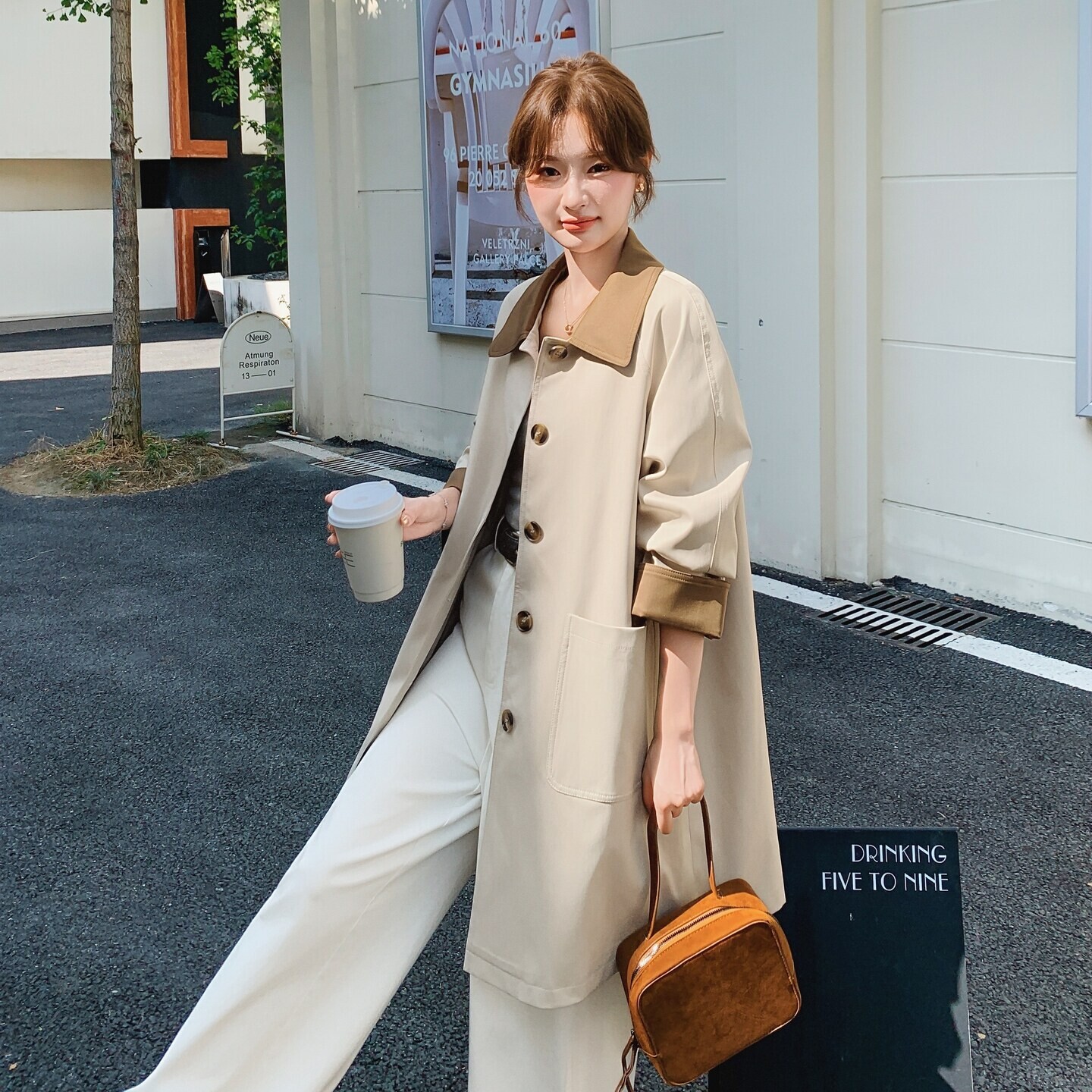 白色新款上市韩式工装春秋装风衣女韩版宽松显瘦中立领外套
