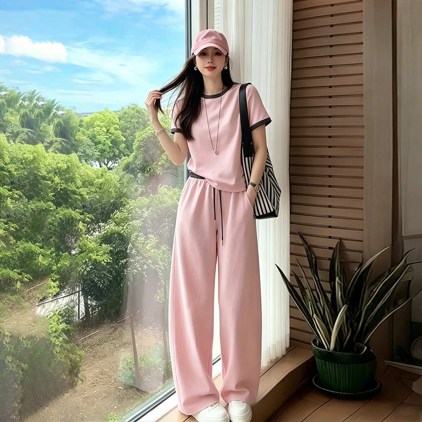 韩版休闲运动时尚套装女夏款减龄圆领拼接短袖上衣阔腿长裤两件套