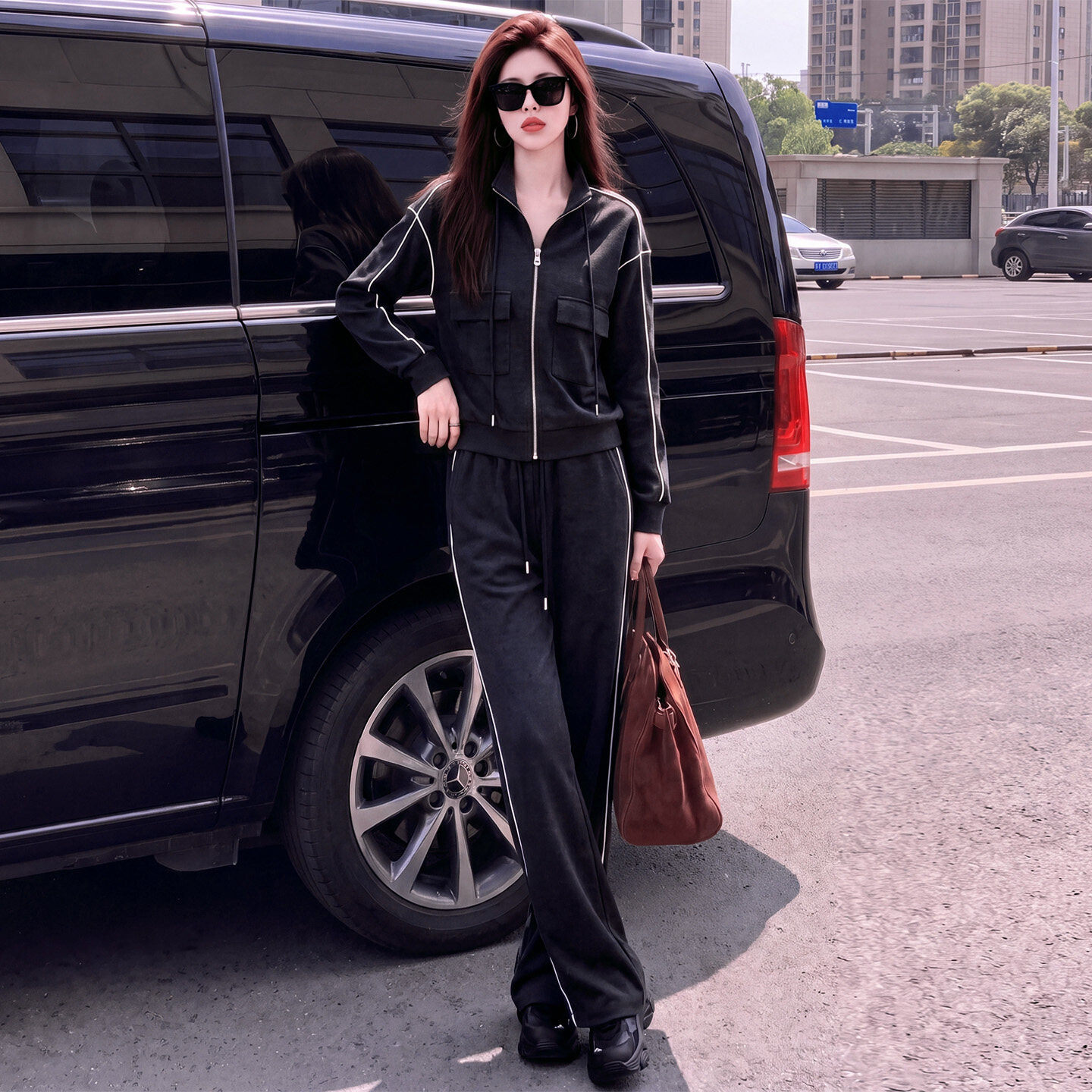 韩版休闲运动套装秋季新款女修身立领开衫卫衣直筒长裤两件套减龄