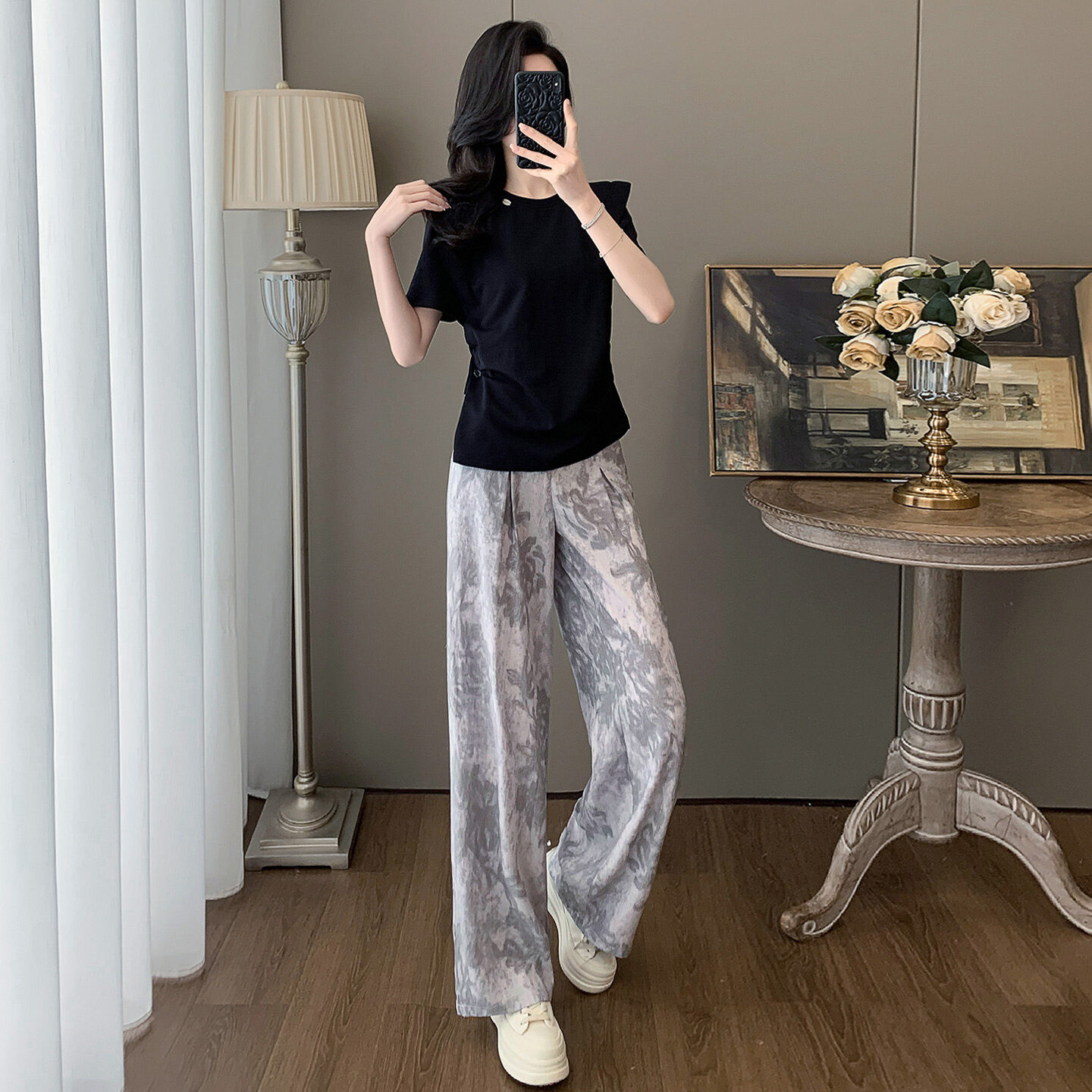 感新款时尚潮流套装女夏款显瘦圆领开叉不规则短袖印花长裤两件套