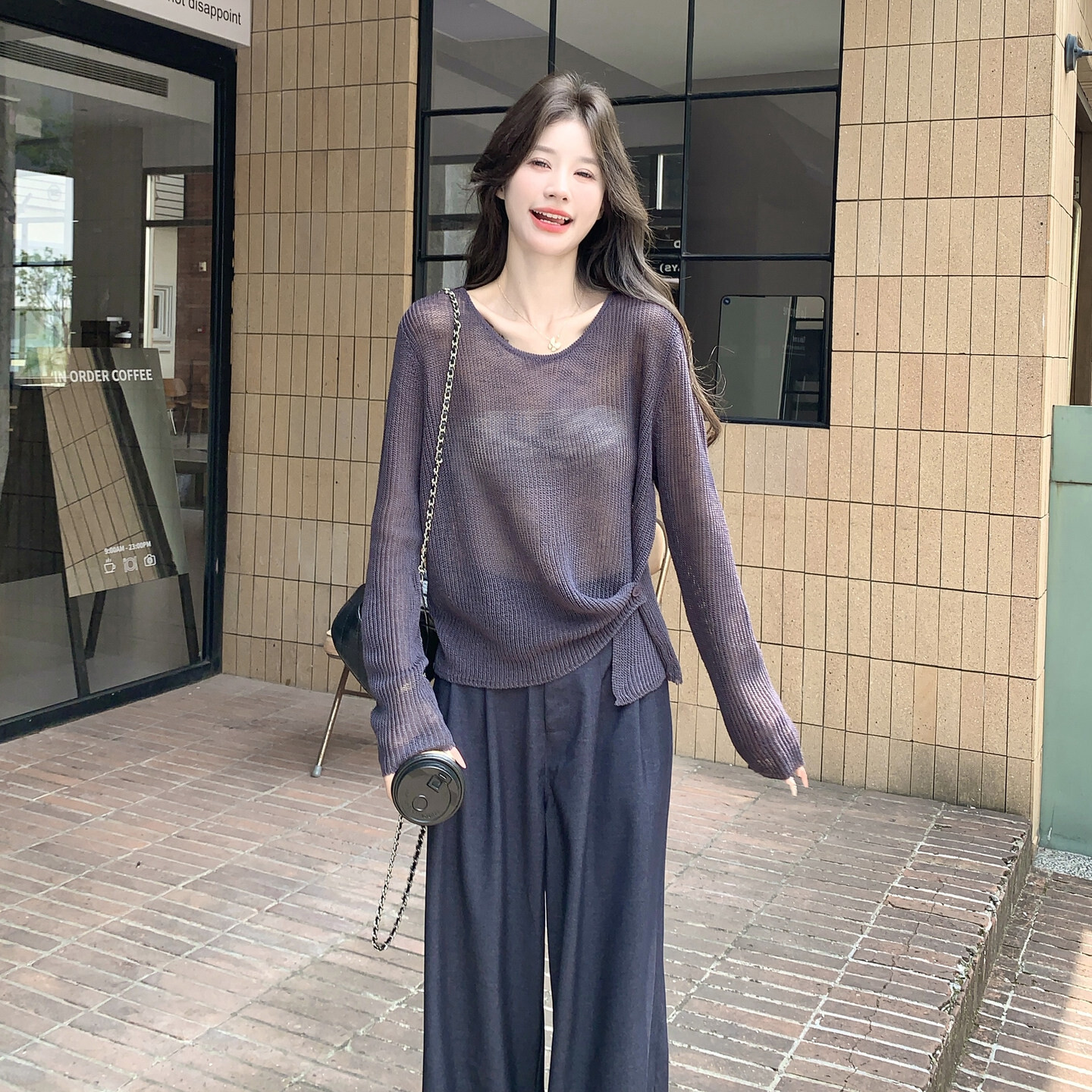 韩系镂空针织罩衫阔腿裤套装女慵懒松弛感长袖上衣垂感长裤两件套