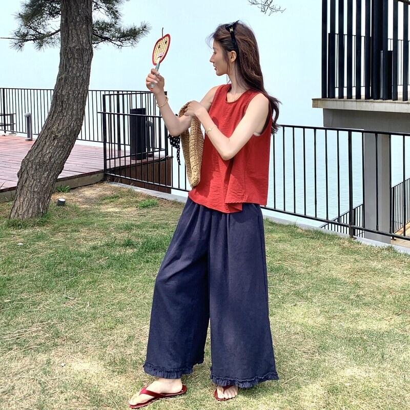 新款优质2026年夏季精品套头休闲套装背心上衣长裤阔腿裤两件套