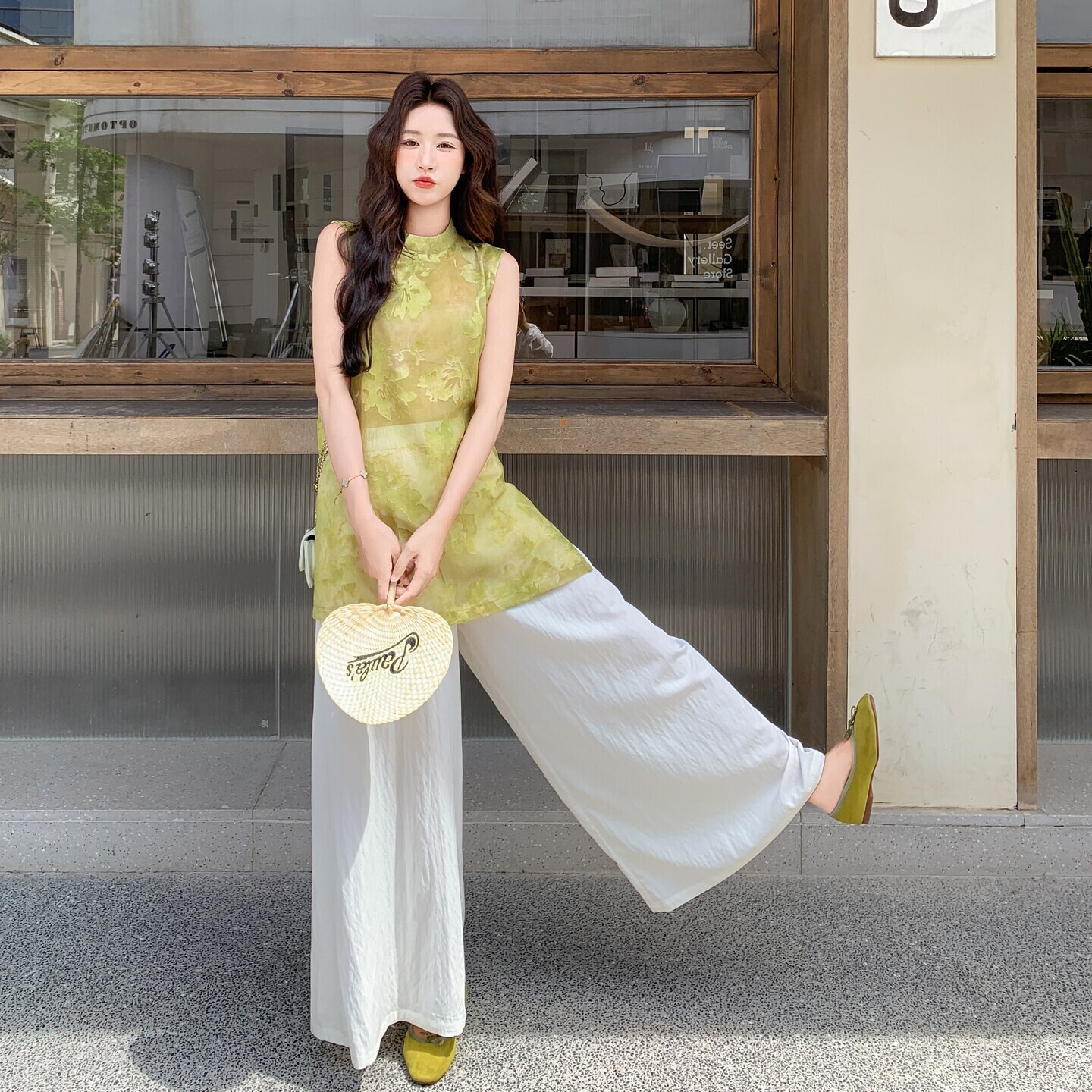 两件套时尚果绿色女装无袖夏季中式风格新中式果绿上衣阔腿裤套装