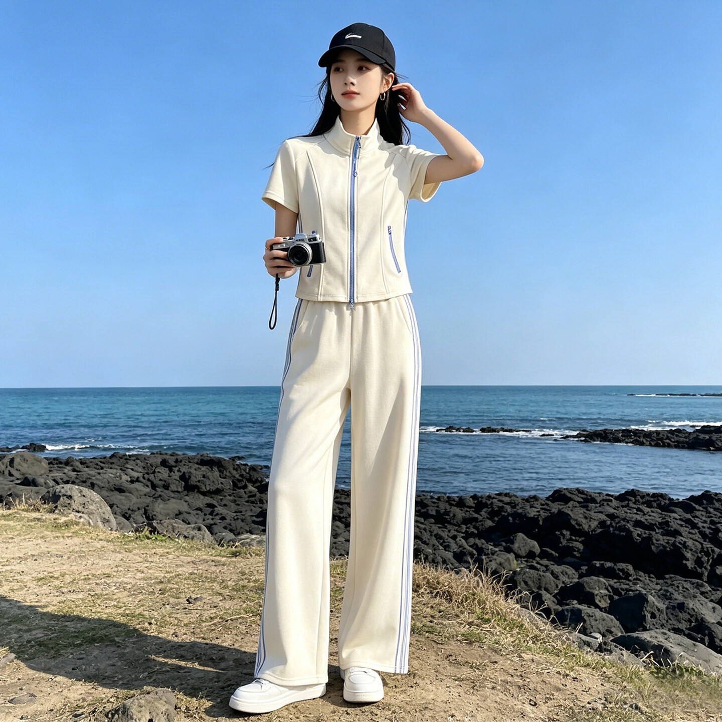 港风炸街休闲运动套装女夏洋气显瘦修身立领短袖上衣阔腿裤两件套