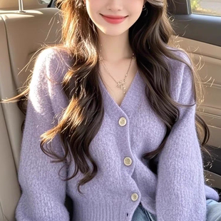 秋冬季 外套上衣女 新款 韩系小众设计感慵懒风紫色毛衣针织开衫