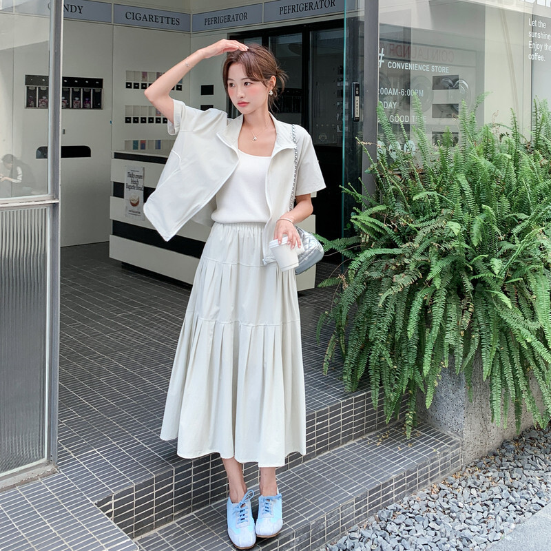 立领上衣 抽褶裙子工装套装两件套夏季百搭显瘦女装杏色2026年
