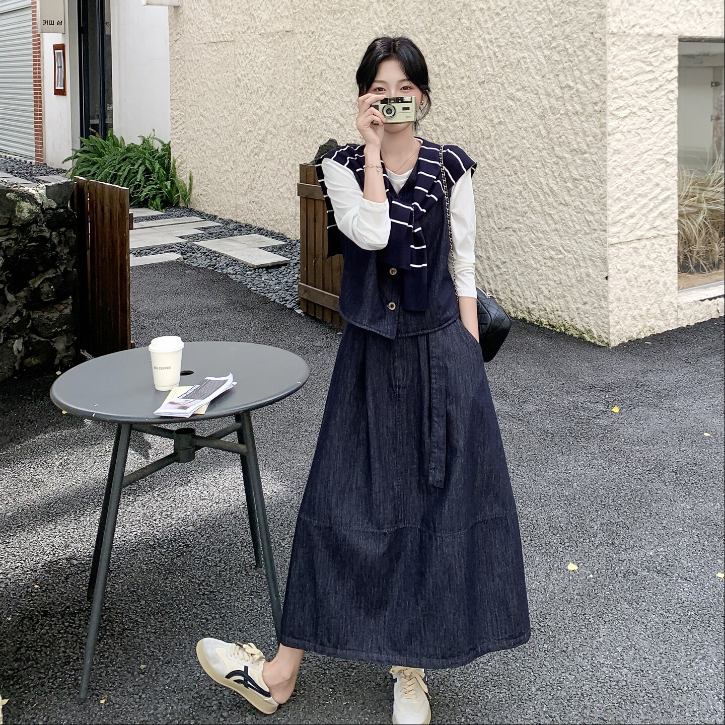 韩版宽松休闲显瘦条纹披肩无袖背心马甲半身牛仔裙女春秋三件套