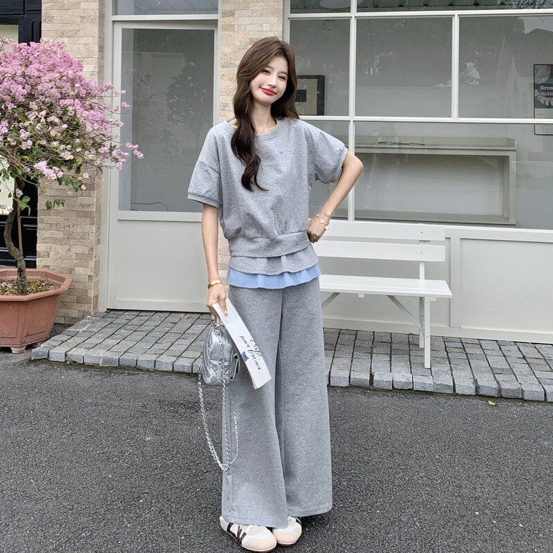 夏装优质长裤新款韩版时尚洋气宽松显瘦拼接休闲运动套装两件套