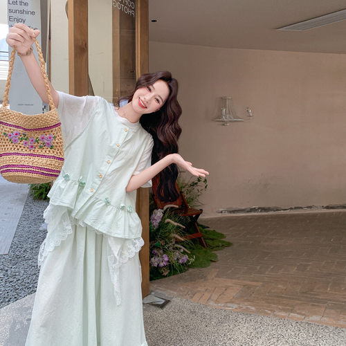 奶新款上市优质精品疯狂促销甩卖热销推荐绿色森系少女叠穿三件套