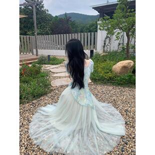 茶歇法式 甜美清新多巴胺高级感晕染印花拼接网纱收腰假两件连衣裙