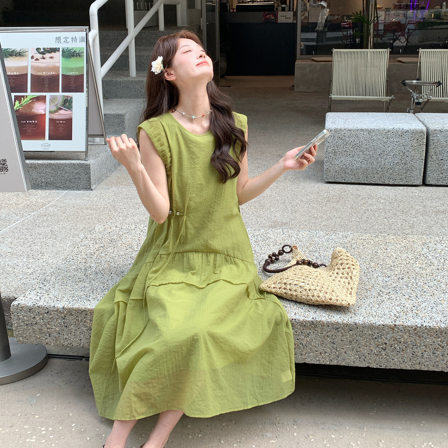 夏季新款现货韩系抽绳收腰无袖连衣裙韩式工作巴厘纱牛油果绿女士