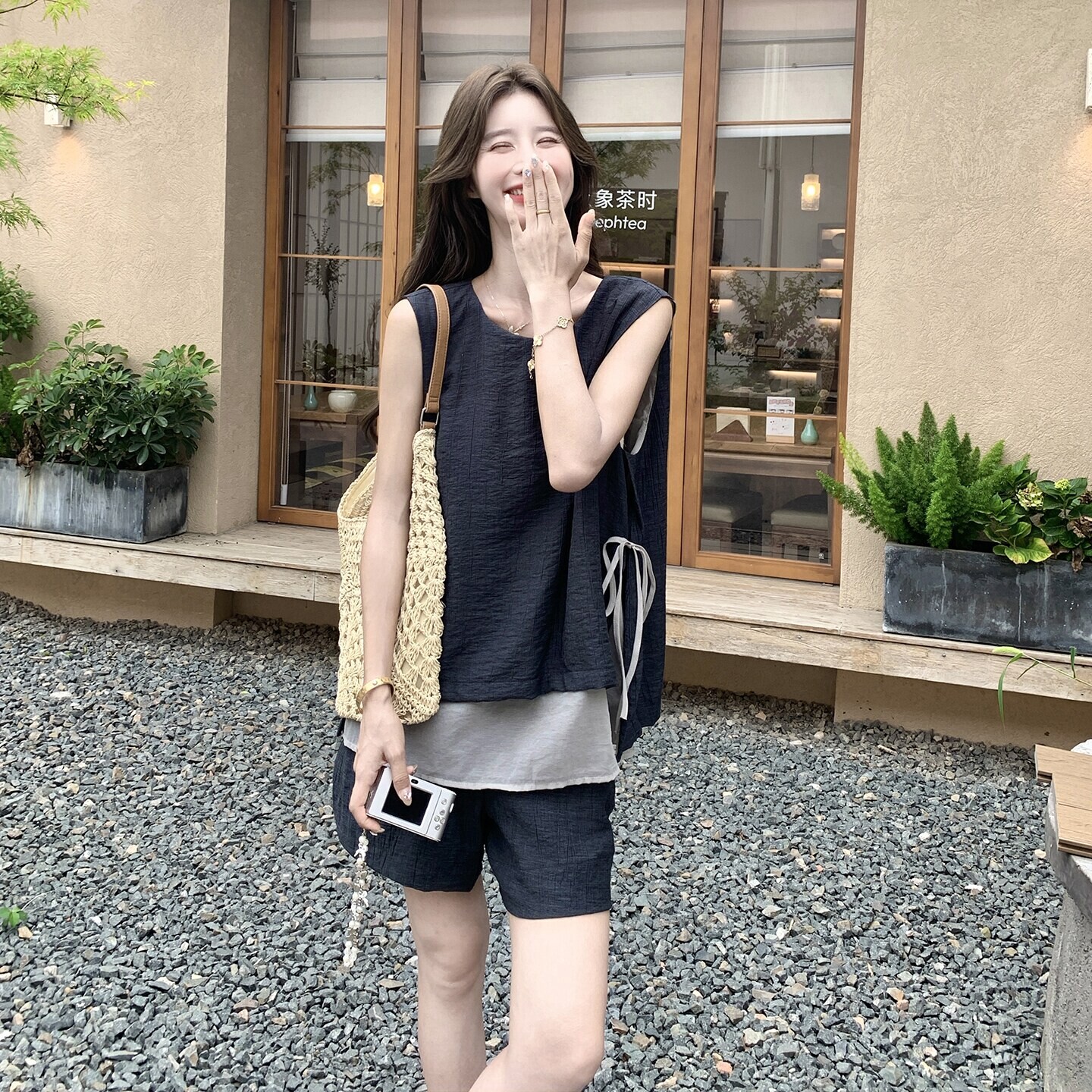 小个子韩系拼接假两件无袖马甲女夏季抽绳宽松阔腿短裤休闲套装