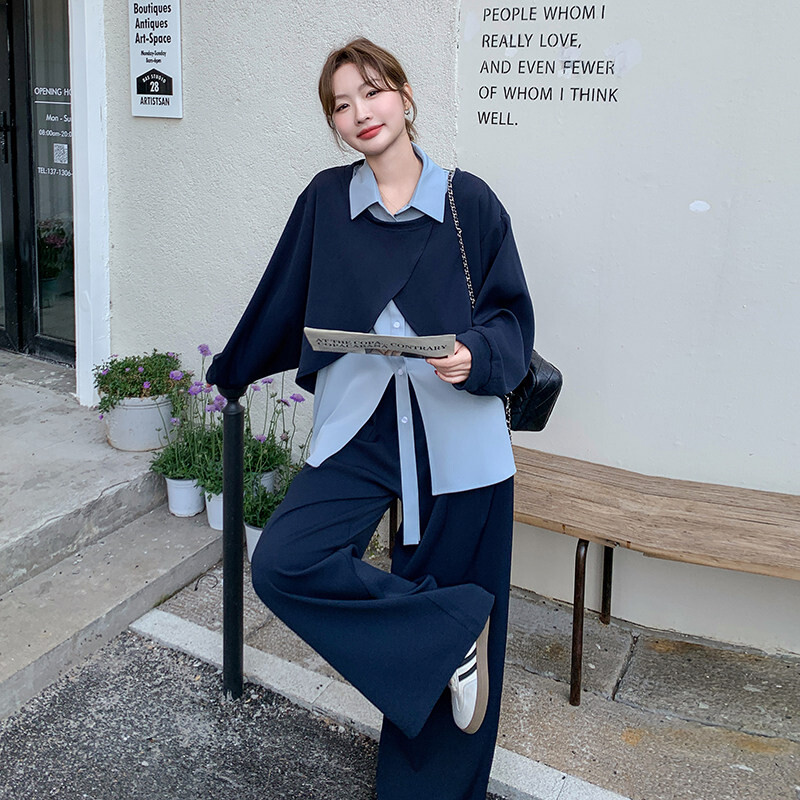 秋新款上市2026年秋季优质精品疯狂促销装假两件上衣阔腿裤套装