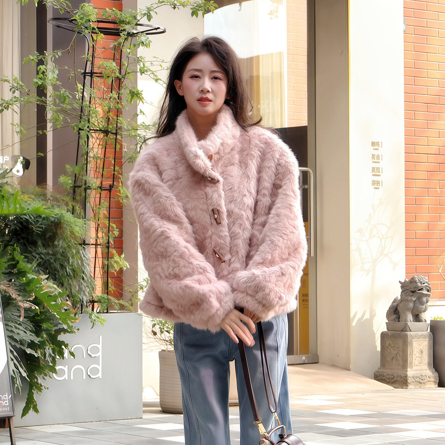 小个子立领新款上市皮毛一体时尚牛角扣宽松毛毛衣仿皮草短外套女