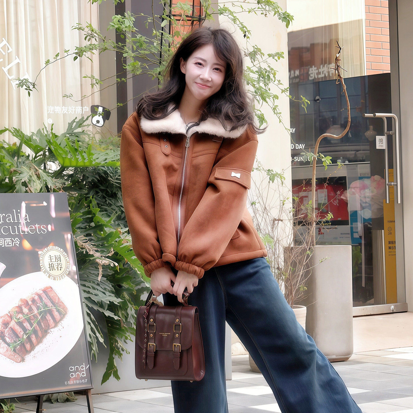 工装小个子新款上市麂皮绒时尚大翻领防风扣宽松仿皮草短外套女