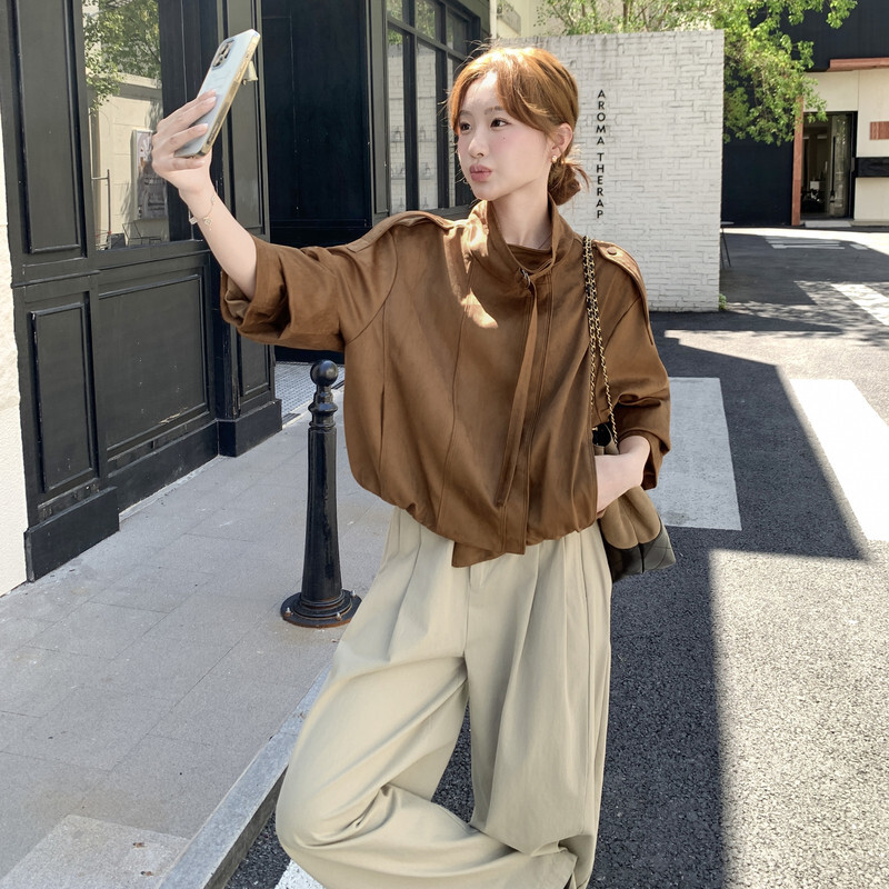 立领复古新款鹿皮绒外套女秋季高品质时尚宽松现货休闲夹克上衣