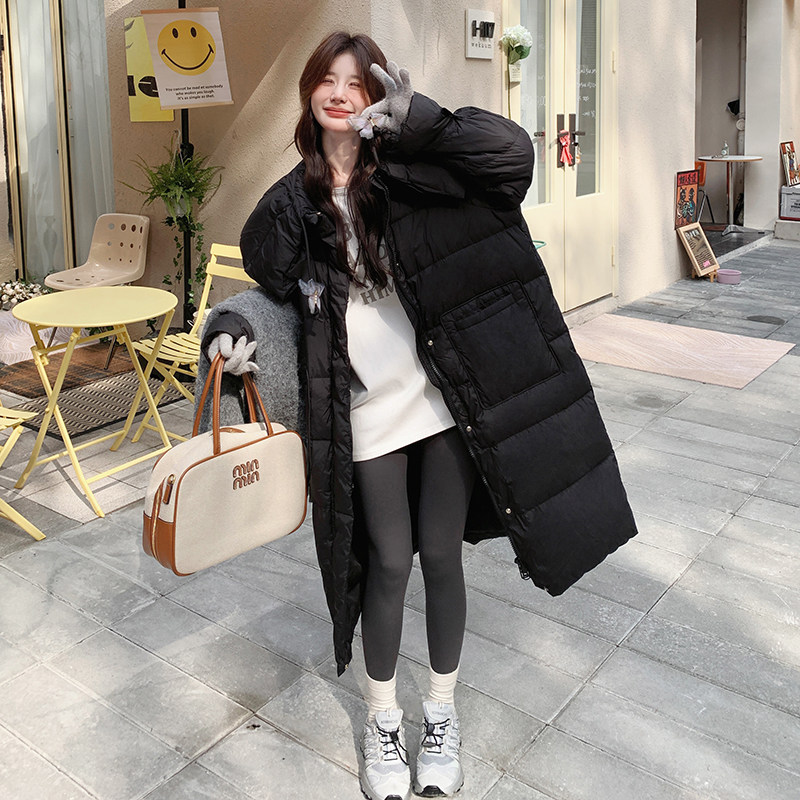 大翻领长羽绒中长款羽绒服女冬韩版宽松加厚小个子温柔风过膝外套