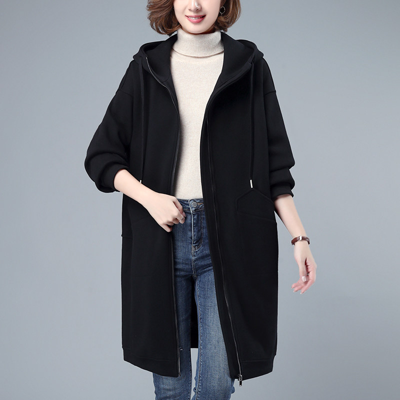 大码夹棉卫衣女士中长款遮屁股2020新款秋冬加厚拉链开衫连帽外套