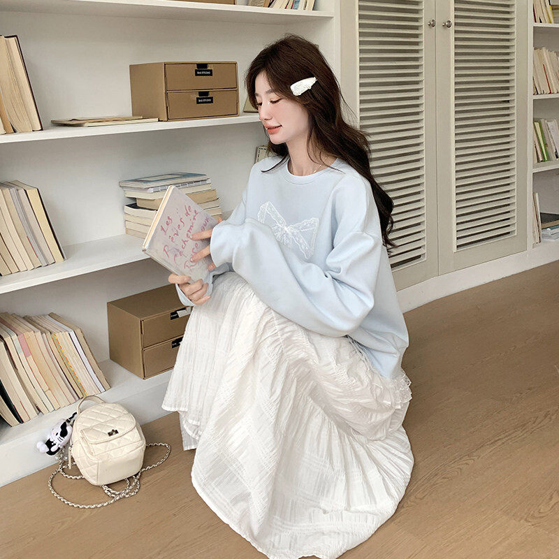 蕾丝针织美洋新款上市宽松型复古优质产妇加厚精品拼接结圆领卫衣