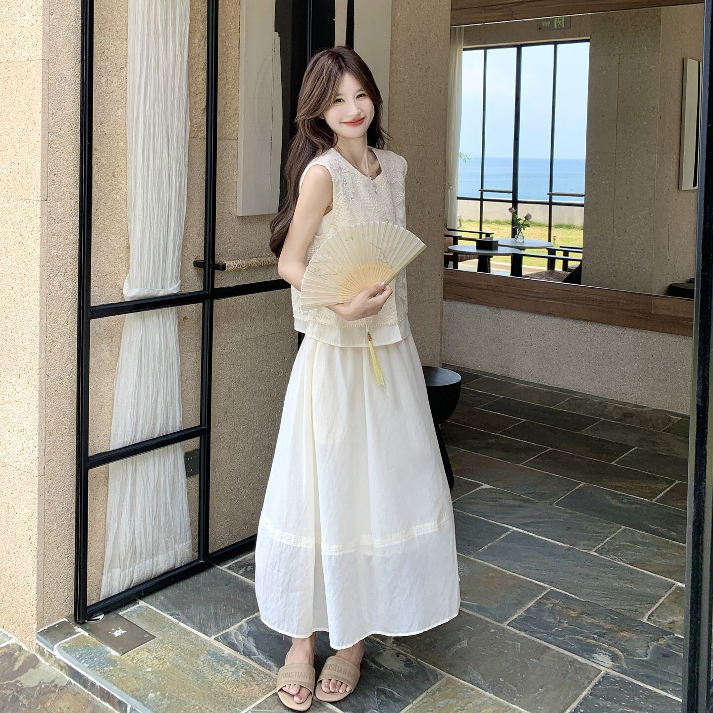 韩系度假风重工蕾丝刺绣无袖马甲高腰天丝大摆半身裙女夏两件套装