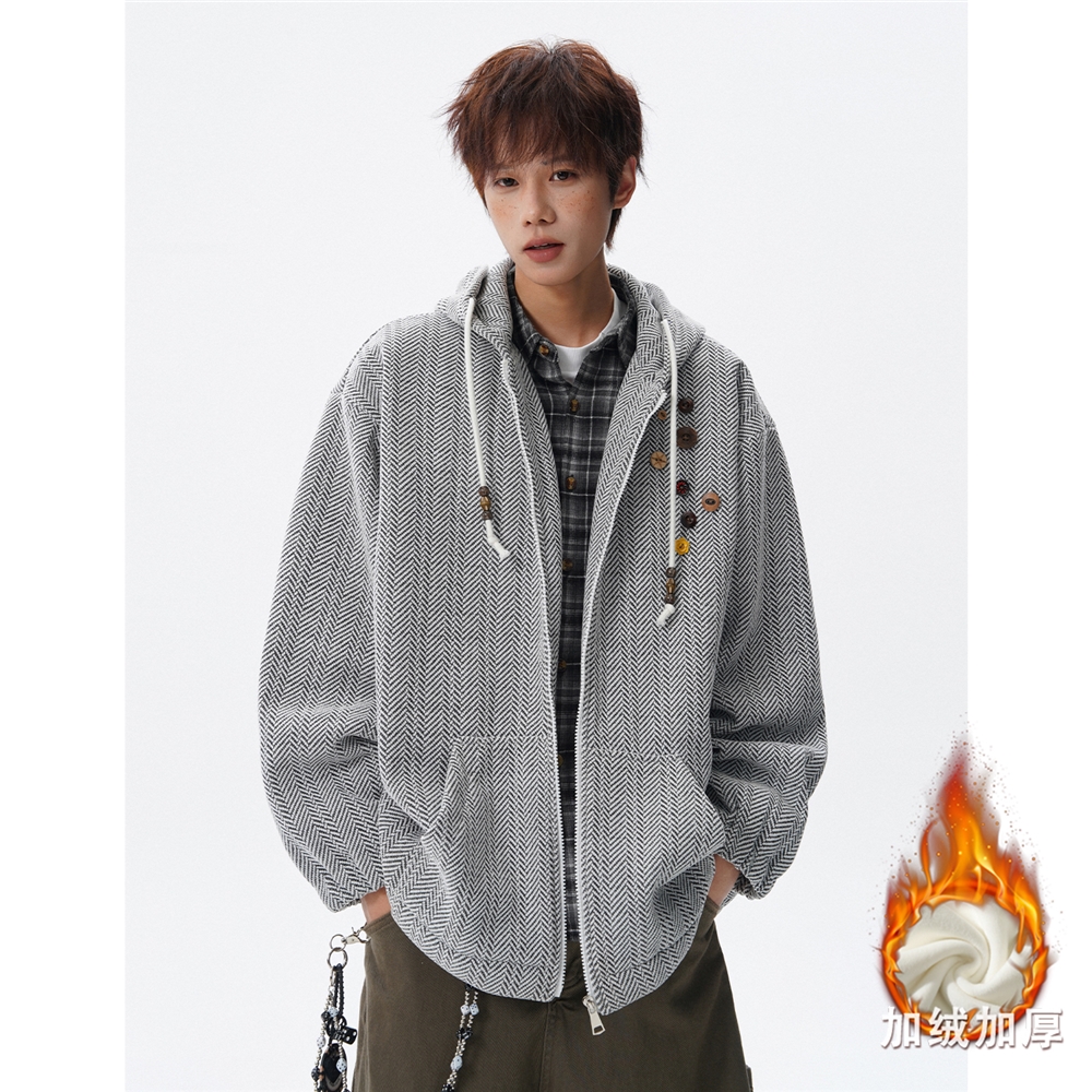 针织开衫长袖美式复古徽章加厚雪尼尔满天星连帽卫衣大码外套男