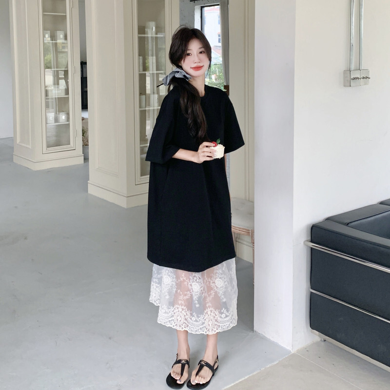 新款上市品牌/无注册商标款宽松长蕾丝半身裙休闲遮肉两件套