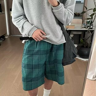 宽松直筒潮牌百搭休闲五分中裤 薄款 子 男女夏季 日系复古蓝格子短裤