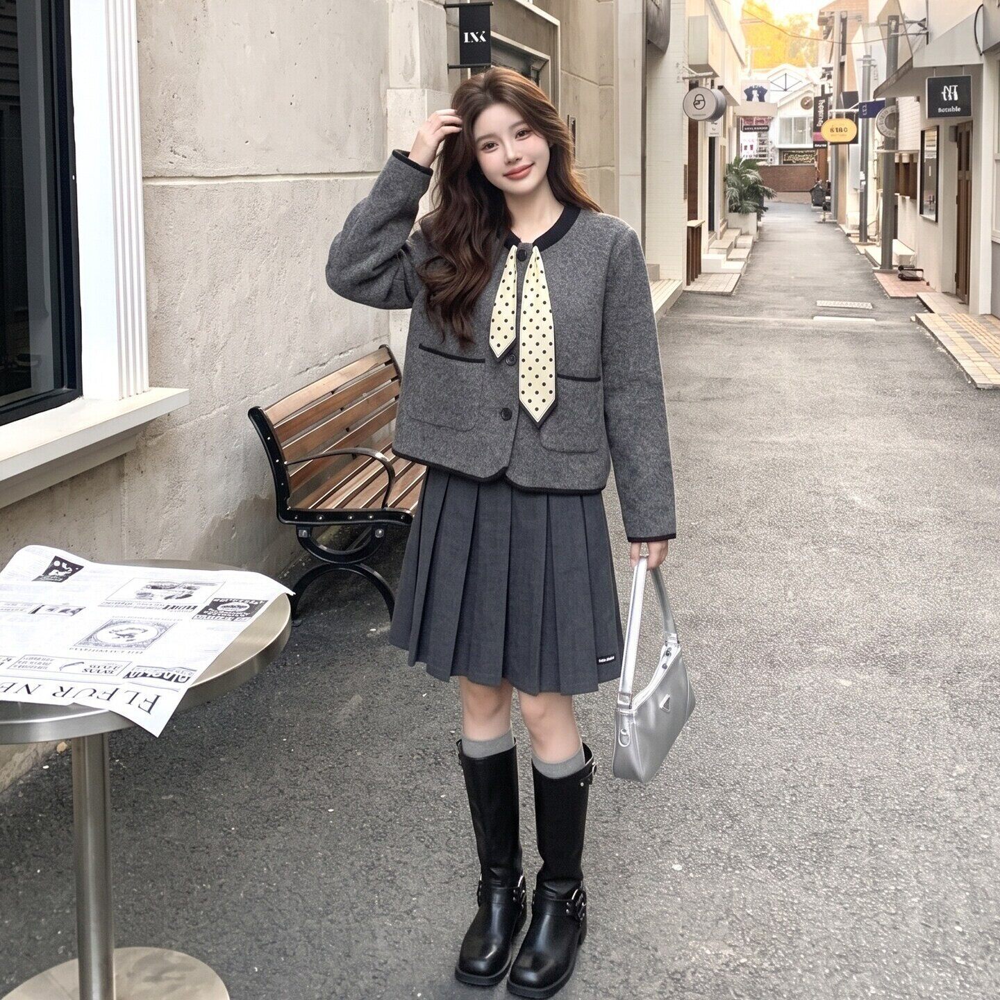 韩版小香风波点丝巾韩国绒开衫女秋季新款小个子翻领百搭短外套潮