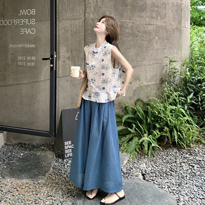 新款优质两件套夏装女新中式蓝色阔腿裤刺绣印花套装宽松民族风