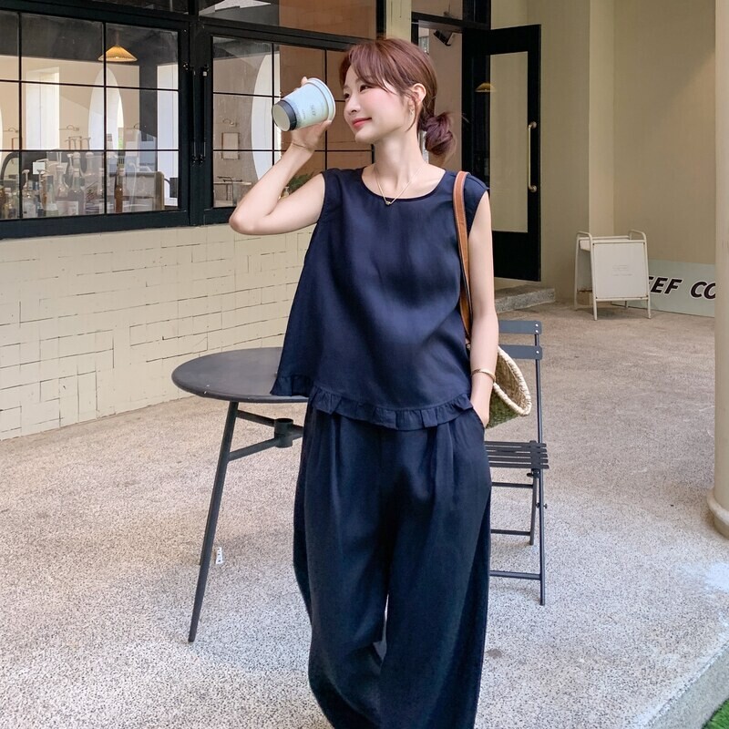 深蓝色优质休闲时尚套装女夏季新款韩版背心上衣阔腿拖地裤两件套