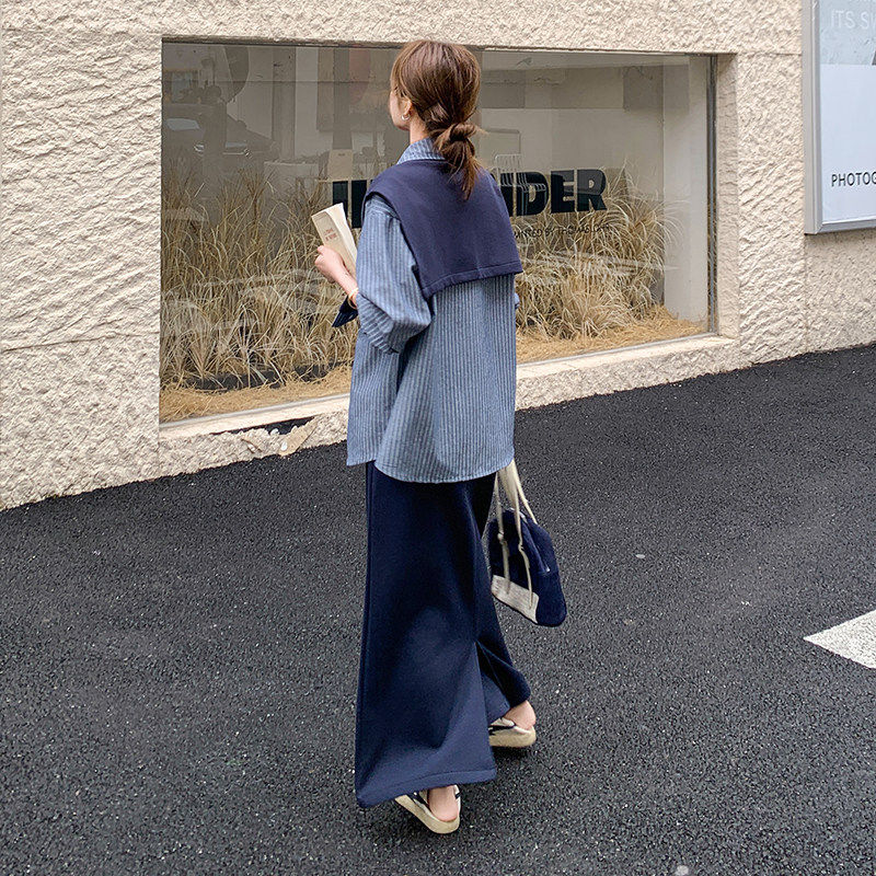 条纹衬衫披肩裙子三件套高腰长袖宽松剪裁中长款POLO领女士春季