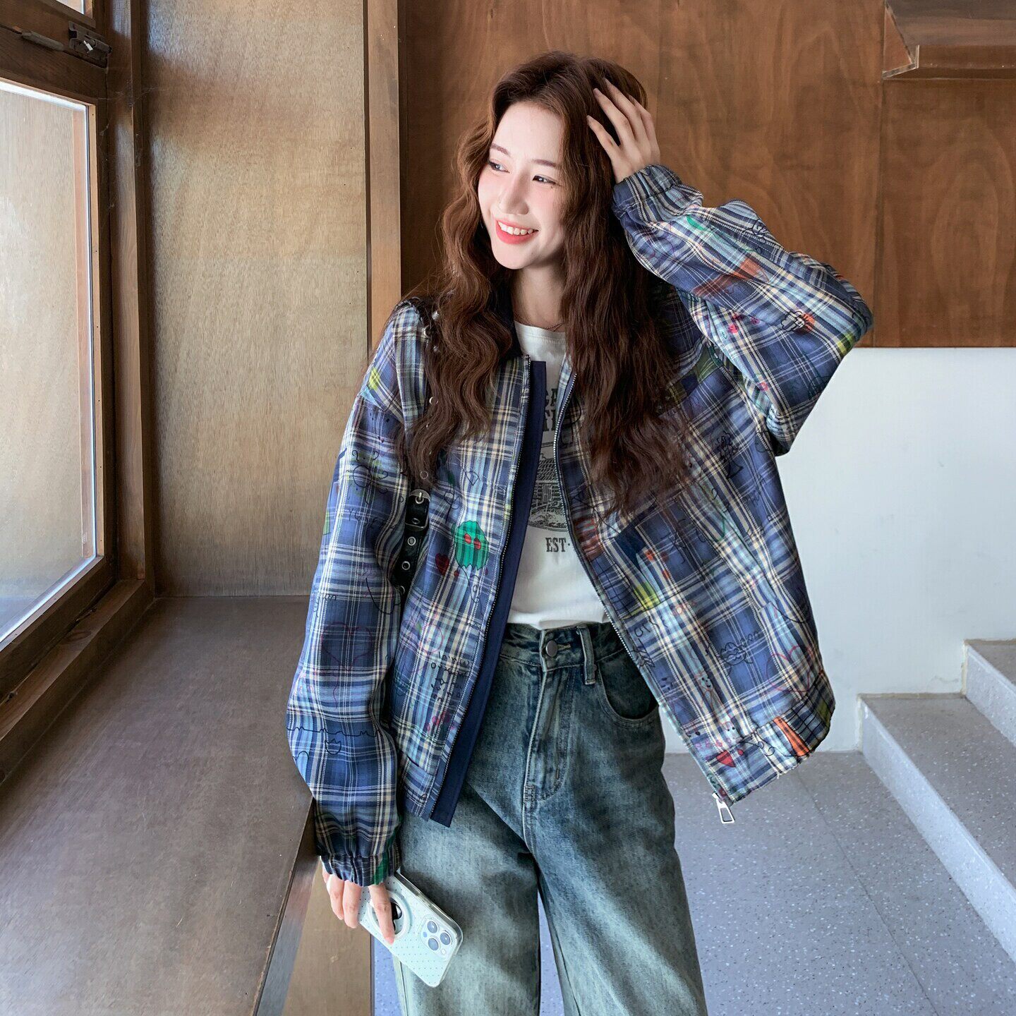 复古翻领优质蓝纹印花小香风外套新款女薄款巨好看韩系chic短夹克