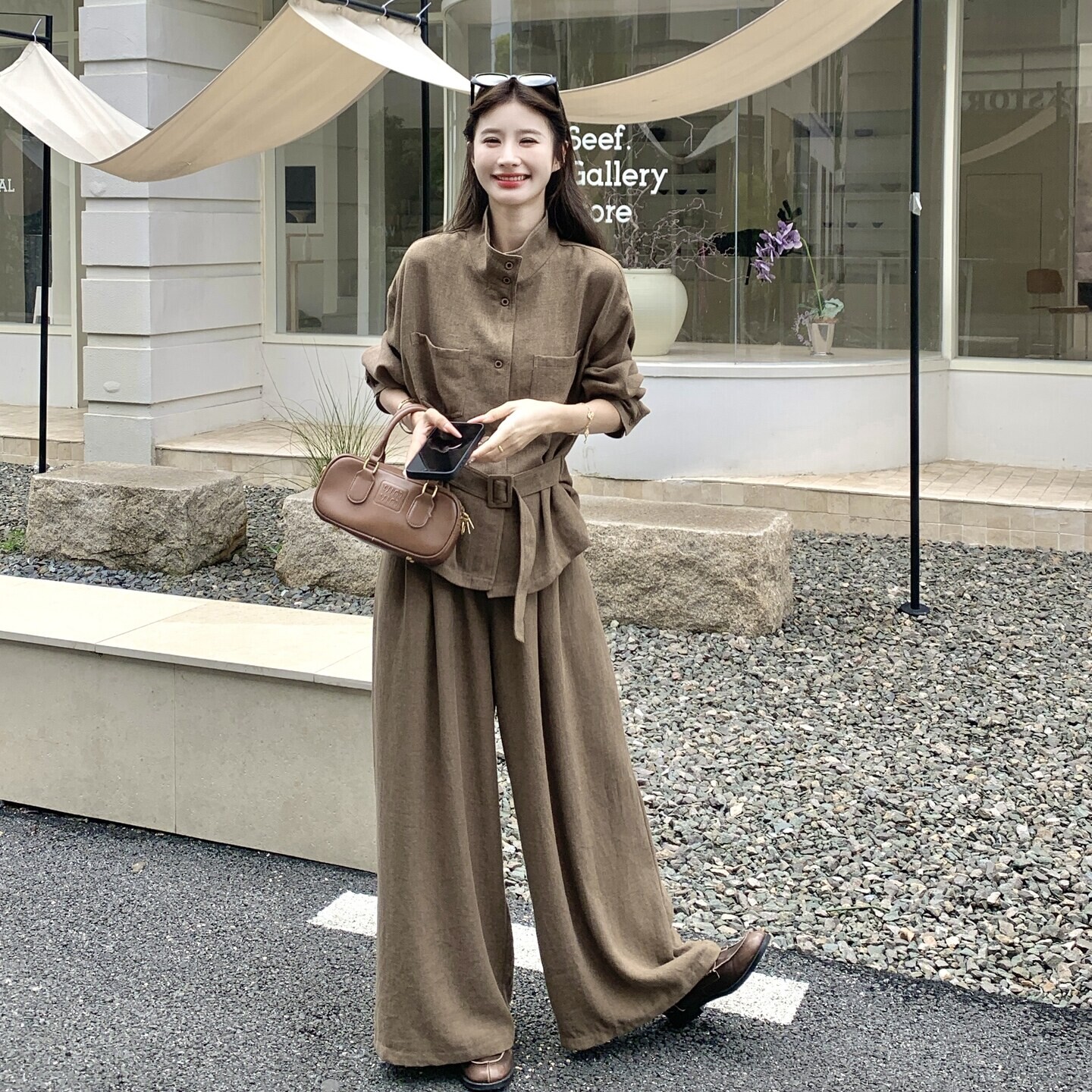 立领新款极系腰带简风阔腿裤套装女秋季感休闲通勤两件套时尚套装