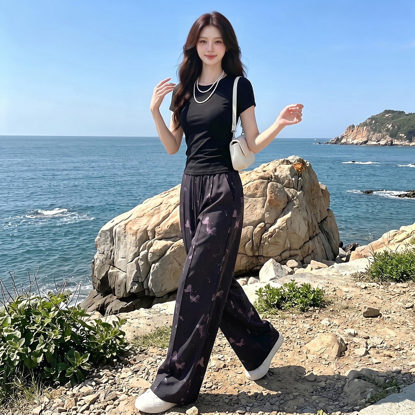 时尚休闲运动套装女夏季新款显瘦气质纯色圆领短袖上衣长裤两件套