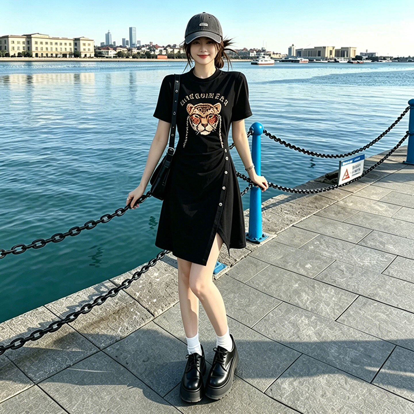 慵懒风韩版高级感气质短袖连衣裙女夏款圆领字母撞色拼接短袖恤裙
