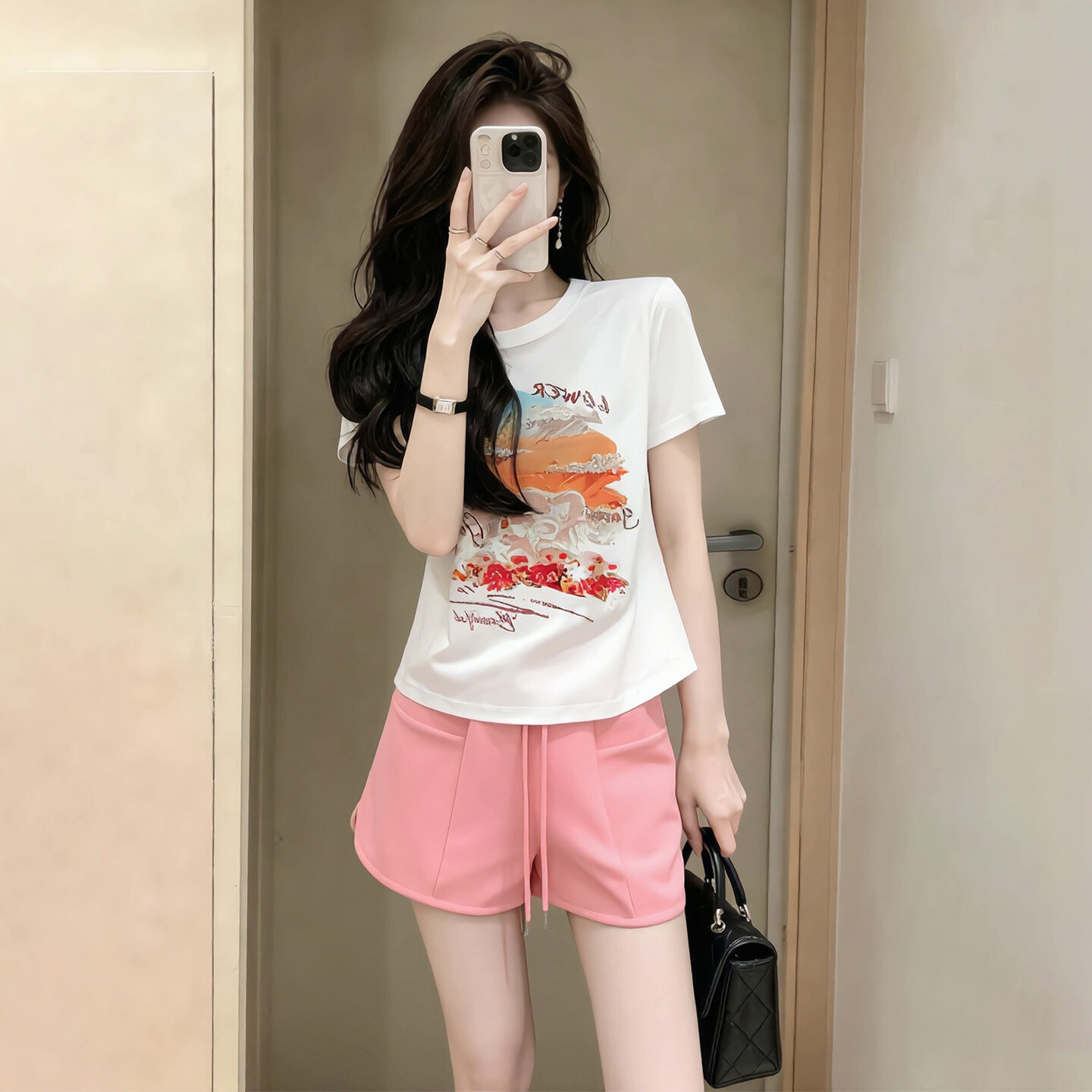 潮流休闲时尚套装女夏季新款圆领印花短袖上衣抽绳休闲短裤两件套
