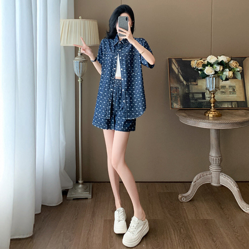 个性优质简约夏季新款套装女感时尚洋气蓝色短袖衬衫短裤两件套潮