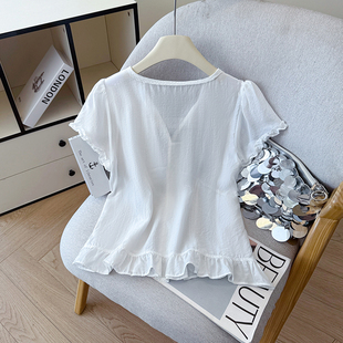 娃娃衫 女花边减龄宽松木耳边短袖 上衣 韩系V领衬衫 2026夏新款